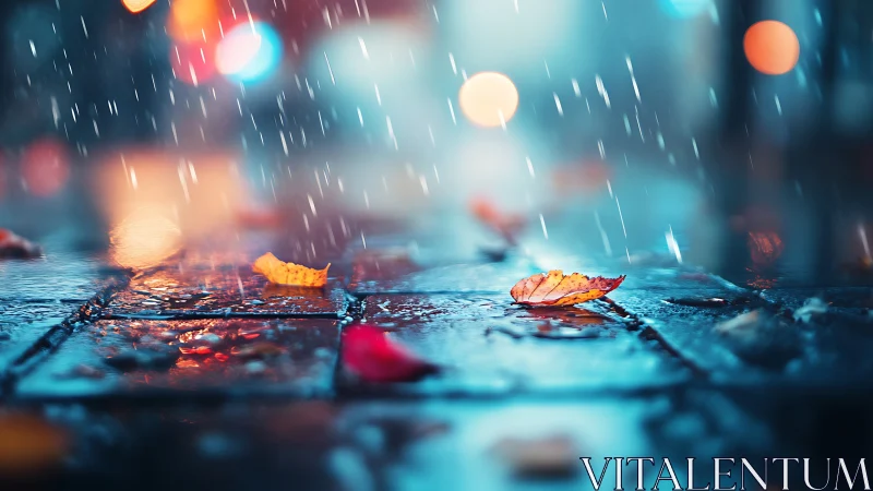 Autumn leaves glow on rainy city pavement under neon haze