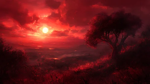 Crimson sun ignites a dreamlike valley beneath shadowed tree.