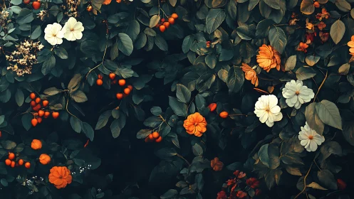 Moody floral foliage rendered in high-contrast digital chiaroscuro