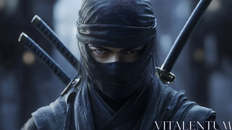 Silent ninja warrior gazing with calm, focused intensity.