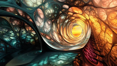 Swirling light tunnel invites a colorful journey into sunset