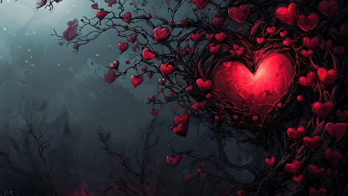 Luminous Heart Tree Against Dark Misty Landscape.