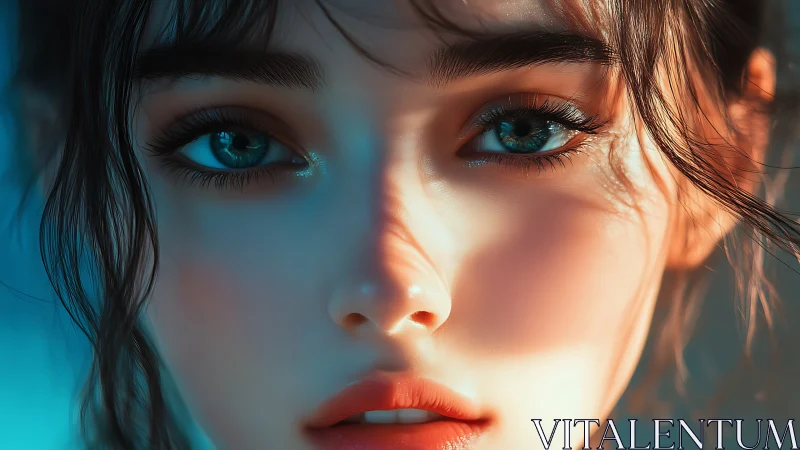 Hyperreal teal-eyed portrait with cinematic rim lighting.