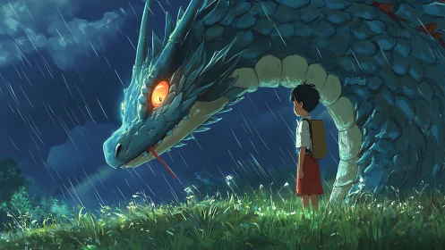 Stormlit boy confronting bioluminescent dragon under rain