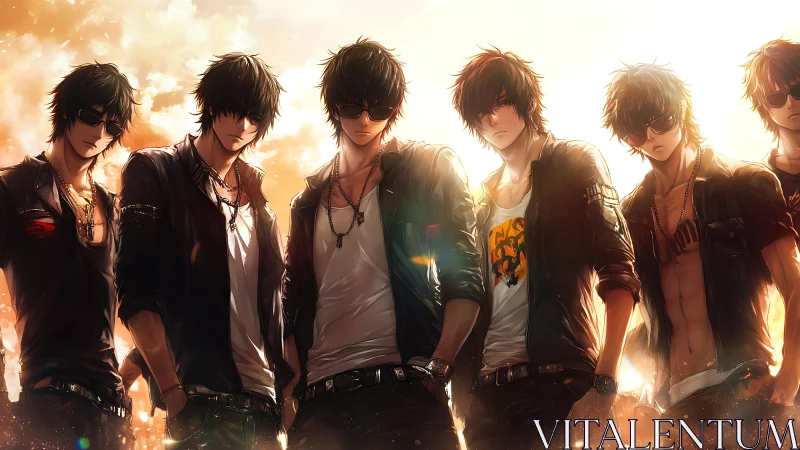 Group of anime teen boys in edgy streetwear at sunset.