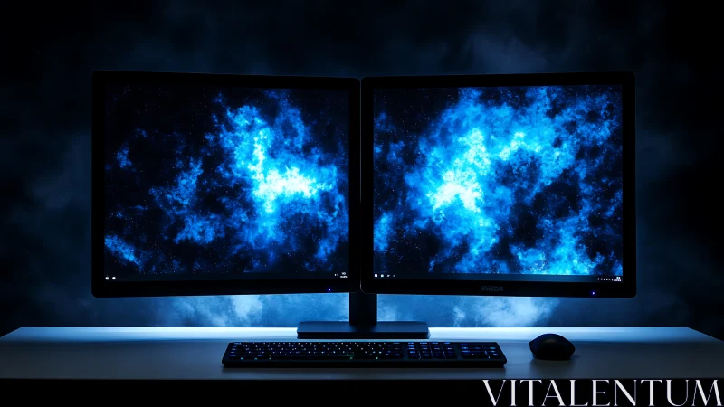 Twin glowing monitors invite quiet focus in a dark workspace