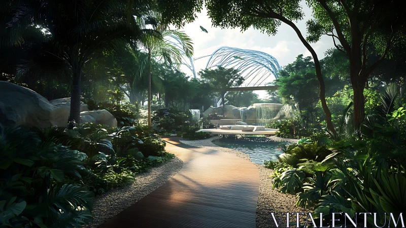 Tranquil Sanctuary: Architectural Water Feature Nestled Among Lush Tropical Vegetation.