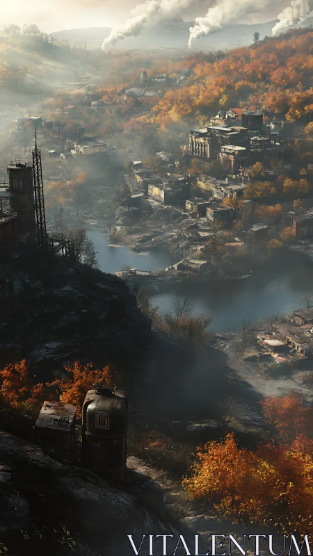 Post-industrial river valley shows foggy ruins in autumn haze