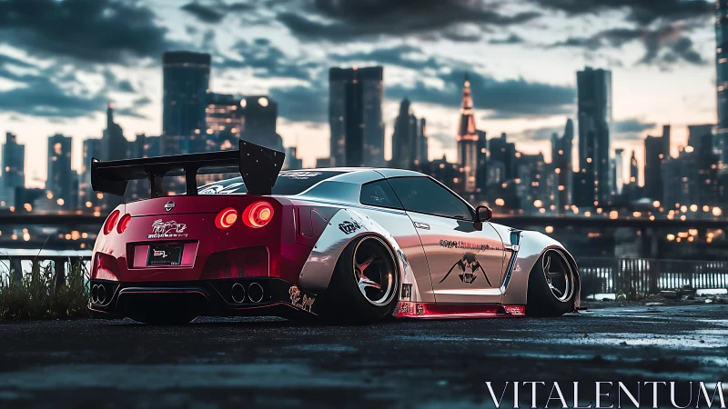 Widebody Nissan GT-R with aero kit illuminated against dense skyline