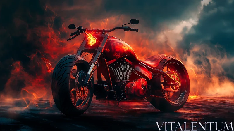 Flaming custom motorcycle roars against a stormy night sky
