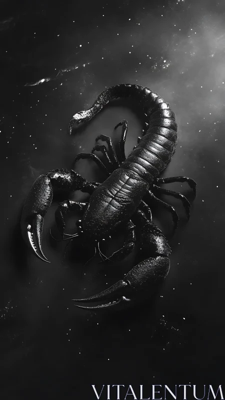 Black scorpion on dark textured background in monochrome.