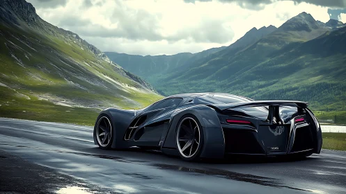 Sleek futuristic supercar resting on a quiet mountain road.