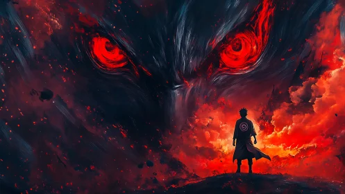 Volcanic inferno confrontation with colossal demonic visage.