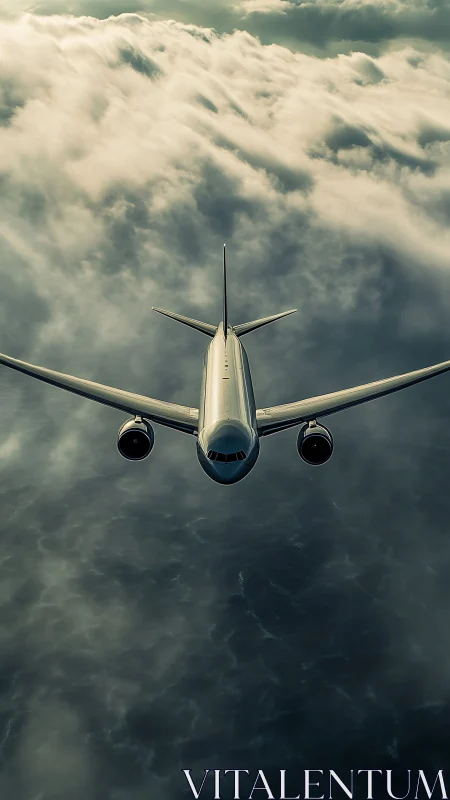 Commercial jet aircraft flies above dense cloud layer vertically