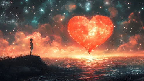 Silhouetted figure gazing at glowing heart-shaped celestial body