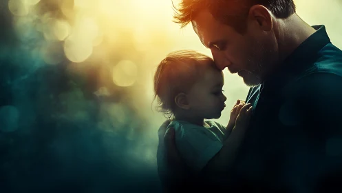 Adult and child in profile with backlit atmospheric lighting