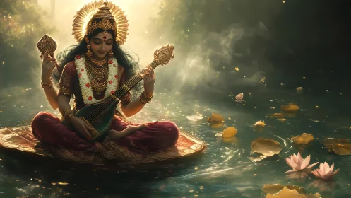 Golden river goddess strumming lotus-light melodies.