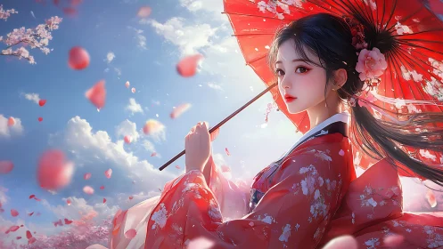 Digital anime portrait under red parasol uses dynamic petal motion