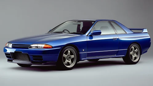 Blue two-door sports coupe is isolated in studio lighting