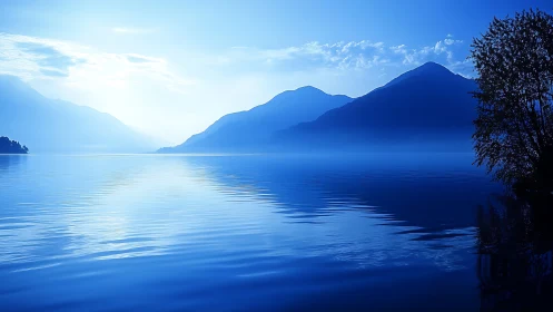 Calm blue mountain lake at sunrise with soft mist.