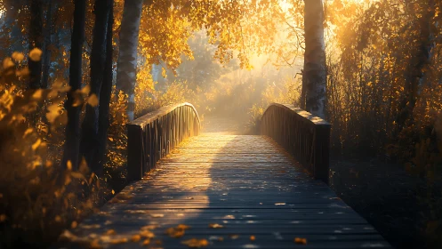 Cinematic autumn bridge in golden-hour forest illumination.