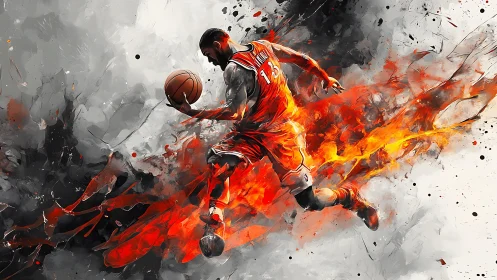 Dynamic basketball dunk with fiery digital energy trail.