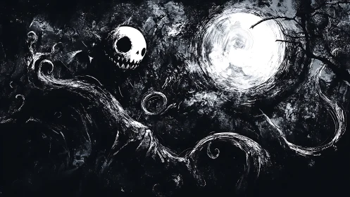 Monochrome skeletal figure under swirling high-contrast moon