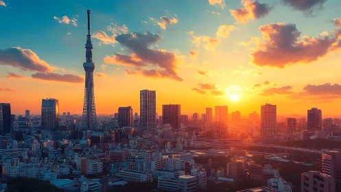 Tokyo urban skyline with broadcast tower at vivid sunset.