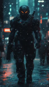 Armored futuristic soldier walking through neon city street.