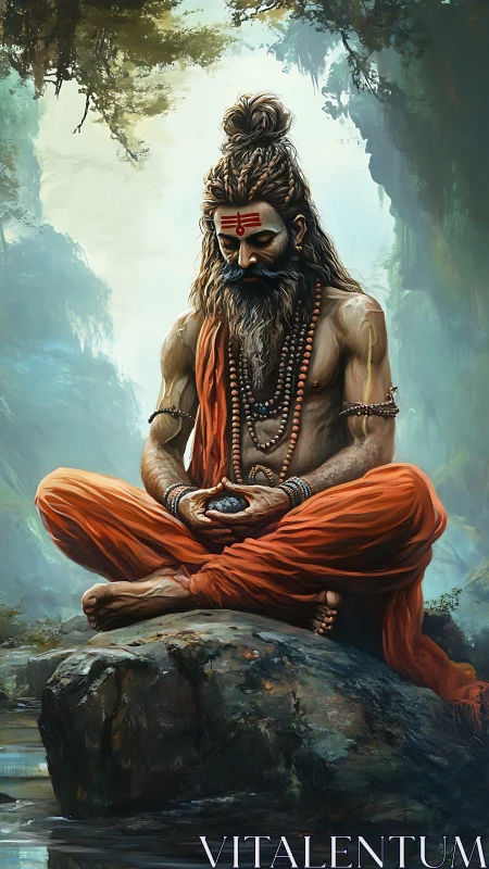 Peaceful forest sage in quiet orange-robed meditation.