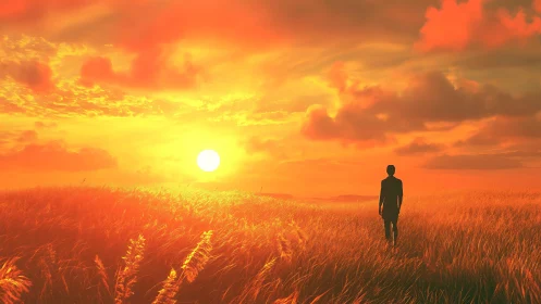 Solitary figure crossing ember-lit grassland at sunset.