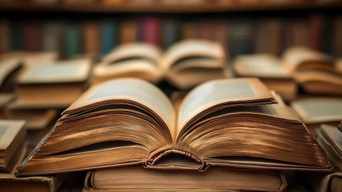 Open hardcover books arranged on a crowded wooden table.