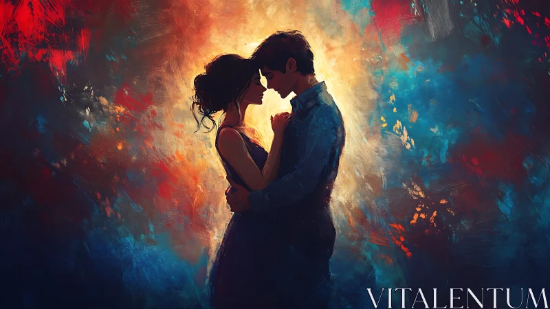 Silhouetted Couple Embracing Against Radiant Chromatic Field.