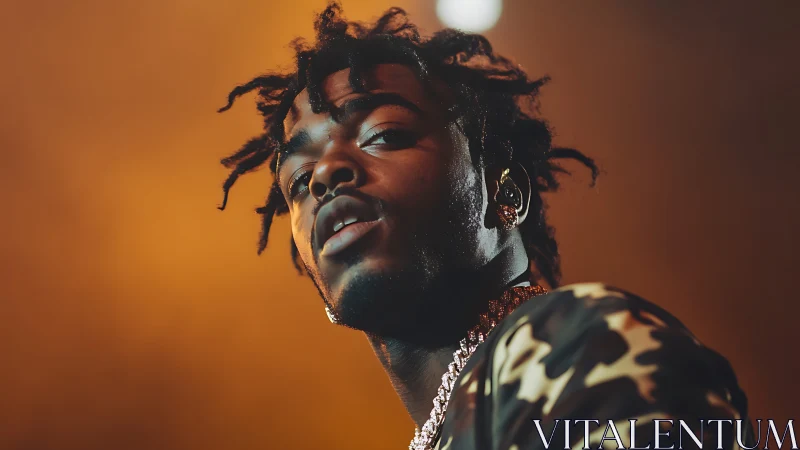 Photorealistic low-angle concert portrait with warm bokeh lighting.