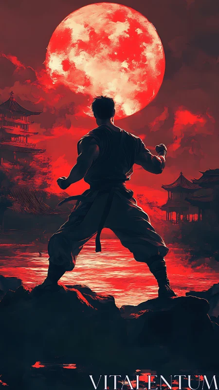 Martial moonrise vigil beneath a blazing crimson sky.