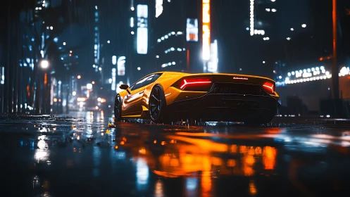 Electric night supercar glows against rain soaked city lights