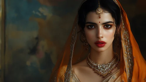 Graceful bride in golden sari with soulful, luminous gaze.