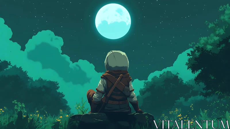 Solitary cloaked figure observing overscaled moonlit night sky