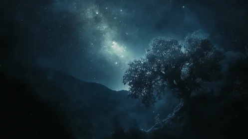 Night landscape with silhouetted tree under star field.