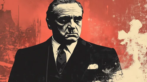 Stoic suited man in graphic portrait against red field.