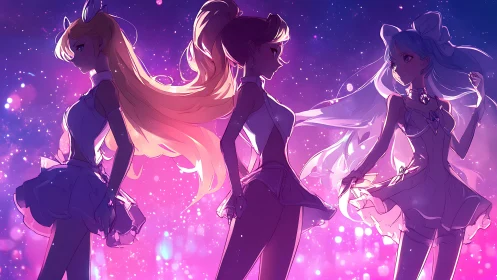 Starlit anime idols sharing a magical pastel stage moment.