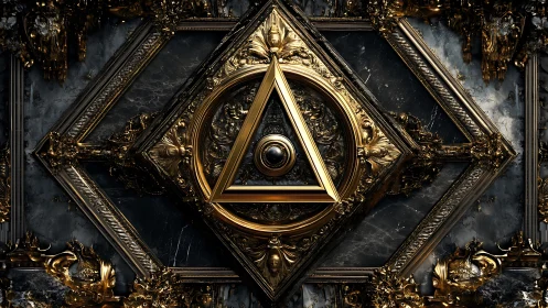 Ornate golden triangle emblem within dark baroque frame.