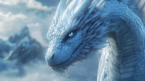 Gentle ice dragon gazing over misty mountain snowscape.