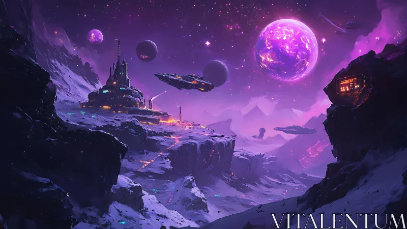 Snow-covered alien valley hosts structures and orbiting spheres