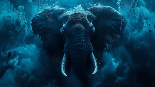 Majestic blue elephant emerges through swirling cosmic dust.