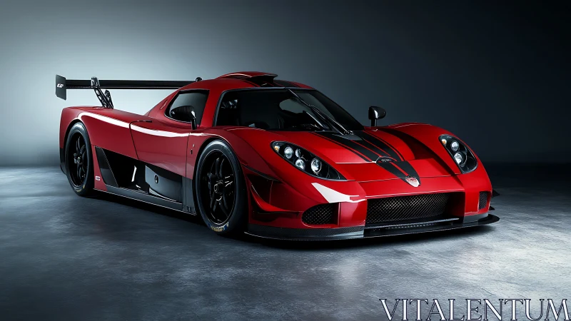 Red carbon widebody race car sits on polished studio floor