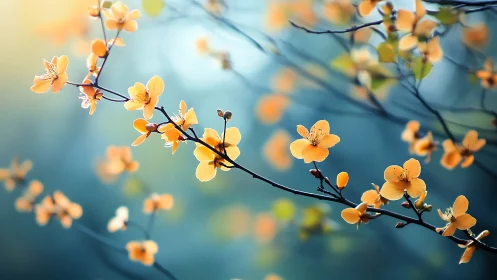 Yellow Blossoms on Dark Branches Against Soft Blue Background.