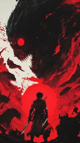 Lone swordsman faces colossal demon amid red inferno.