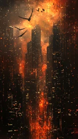 Vertical cityscape shows dark towers amid orange light plume