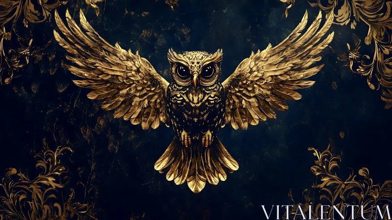Majestic Golden Owl with Spread Wings in Ornate Baroque Style.